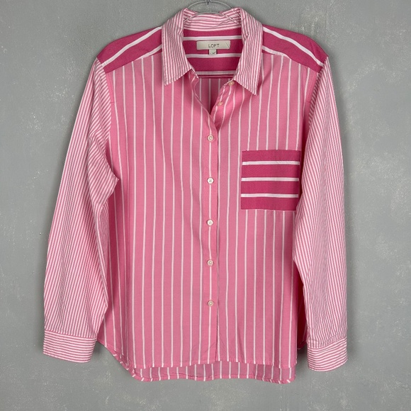 LOFT size L long sleeve button up shirt striped cotton blend relaxed fit - Picture 1 of 9